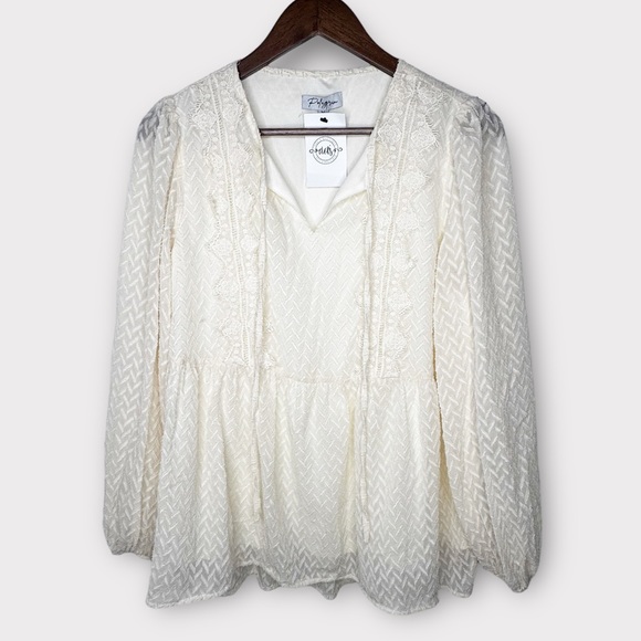 Polagram Tops - Polagram Cream Long Sleeve Embroidered Flowy Chiffon Textured Blouse